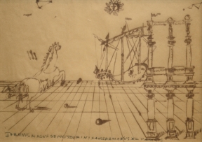 John D. Graham - Sketch of Columns, Spires, a Ship, and a Horse
